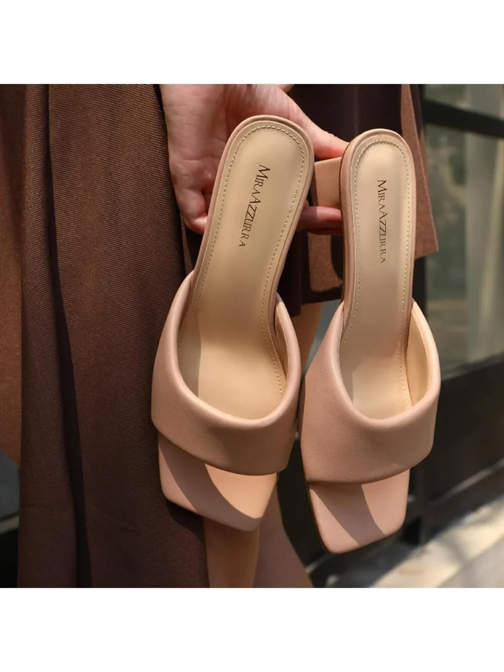 Women's Square Open Toe Chunky Block Nude Short Low Heel Slip on Heeled Sandals